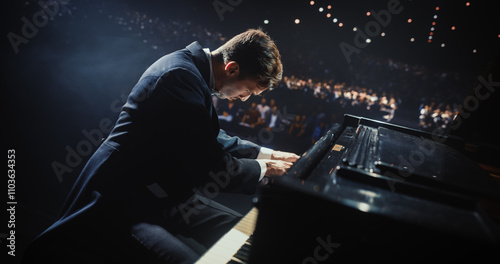 On a Dimly Lit Concert Stage, Male Pianist Delivers an Emotional Improvisation on a Grand Piano. Each Note Resounds Through the Concert Hall, Holding the Excited Audience Spellbound