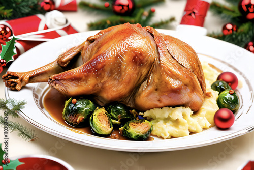 A traditional British Christmas dinner with roast turkey, crispy Brussels sprouts, mashed potatoes and gravy, surrounded by Christmas decorations photo