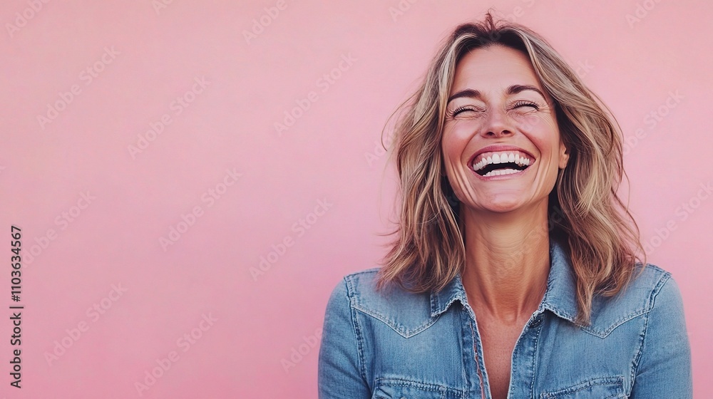 Joyful woman smiling brightly against a pink background Joyful woman smiling brightly against a pink background
