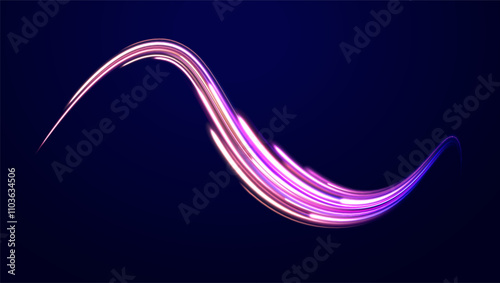 Creative vector illustration of flying cosmic meteor, planetoid, comet, fireball isolated on transparent background. Effect, png, wave,neon,line. Light arc in neon colors, in the form of a turn.