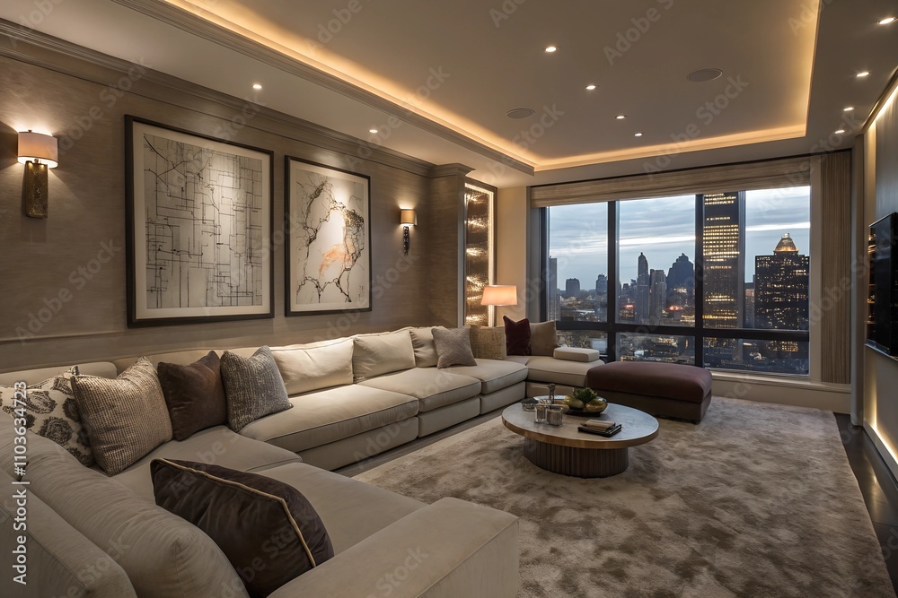 Modern Living Room with Sectional Sofa and City Views. Generative AI Modern Living Room with Sectional Sofa and City Views. Generative AI