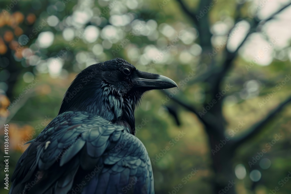 Fototapeta premium Large black raven perched majestically, observing verdant surroundings