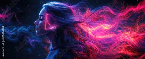 Young hispanic female with neon hair and digital elements in a cosmic setting