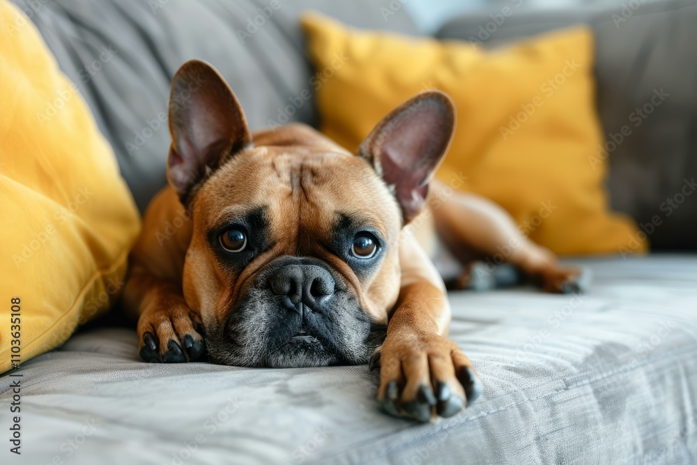 French bulldog resting on sofa with yellow cushions French bulldog resting on sofa with yellow cushions
