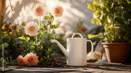 Wallpaper Mural  White Watering Can in Flower Garden with Blooming Dahlias Torontodigital.ca