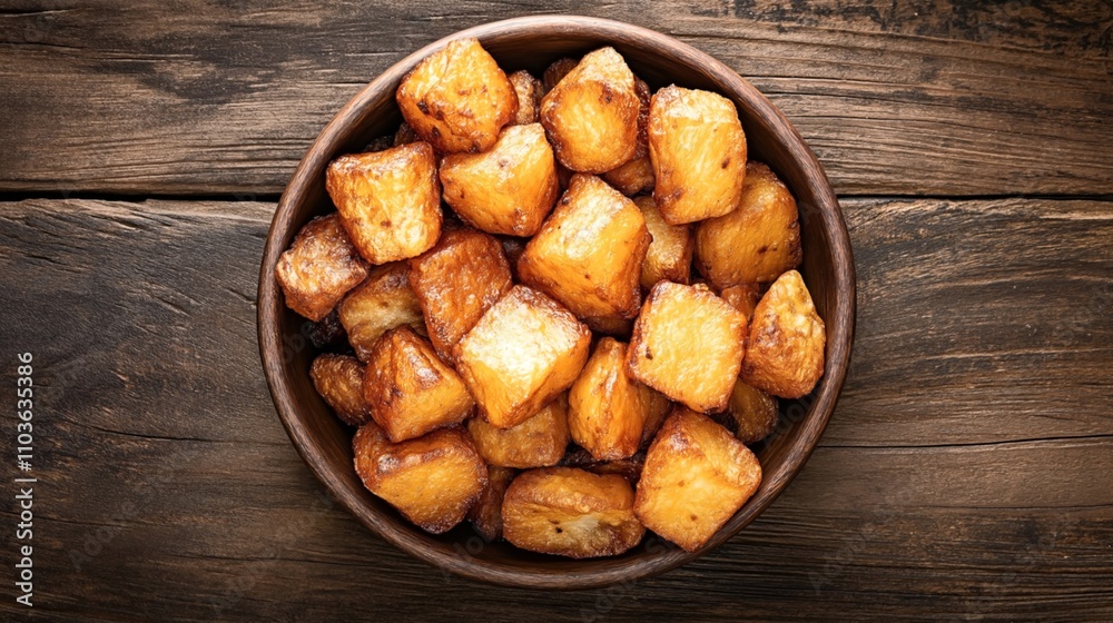 Wooden bowl filled with golden brown fried yuca cubes on a rustic wooden table background Wooden bowl filled with golden brown fried yuca cubes on a rustic wooden table background