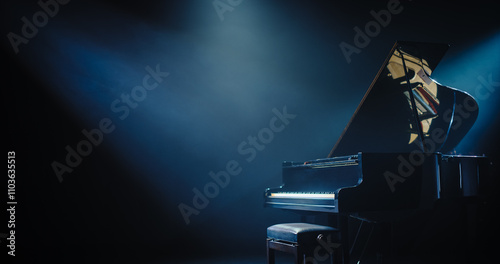 Black Grand Piano with a Microphone Standing on a Concert Stage Under Spotlights. Music Instrument Ready to Be Used by an Extravagant Music Artist and Singer