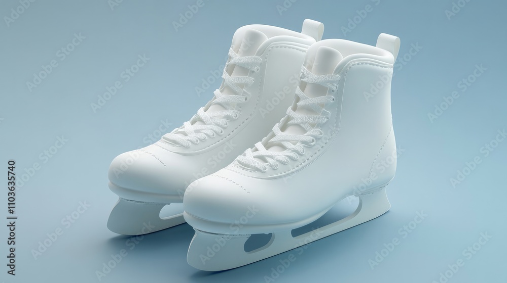 White figure skates displayed on a clean blue background.
White figure skates displayed on a clean blue background.