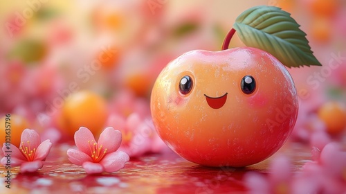 Logo design showcasing a lively cherry character with a playful smile, surrounded by bright leaves and colorful blossoms. The cute style and bright colors create a cheerful atmosphere, enhanced 