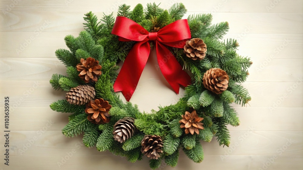 Festive holiday wreath adorned with pinecones, greenery, and a red velvet bow , Christmas, decoration, festive, pinecones Festive holiday wreath adorned with pinecones, greenery, and a red velvet bow , Christmas, decoration, festive, pinecones