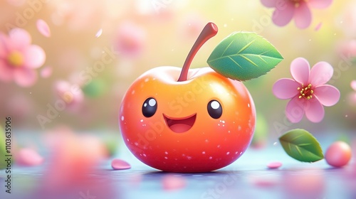 Logo design showcasing a lively cherry character with a playful smile, surrounded by bright leaves and colorful blossoms. The cute style and bright colors create a cheerful atmosphere, enhanced 