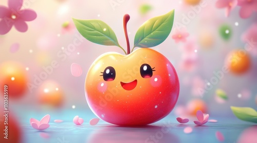 Logo design showcasing a lively cherry character with a playful smile, surrounded by bright leaves and colorful blossoms. The cute style and bright colors create a cheerful atmosphere, enhanced 