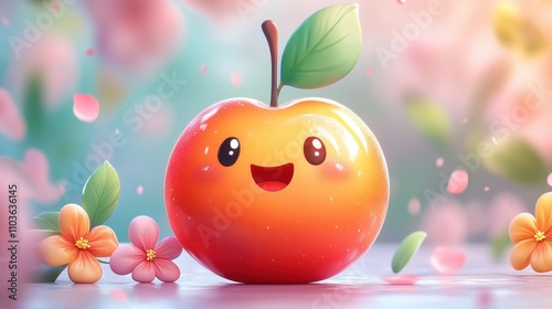 Logo design showcasing a lively cherry character with a playful smile, surrounded by bright leaves and colorful blossoms. The cute style and bright colors create a cheerful atmosphere, enhanced 