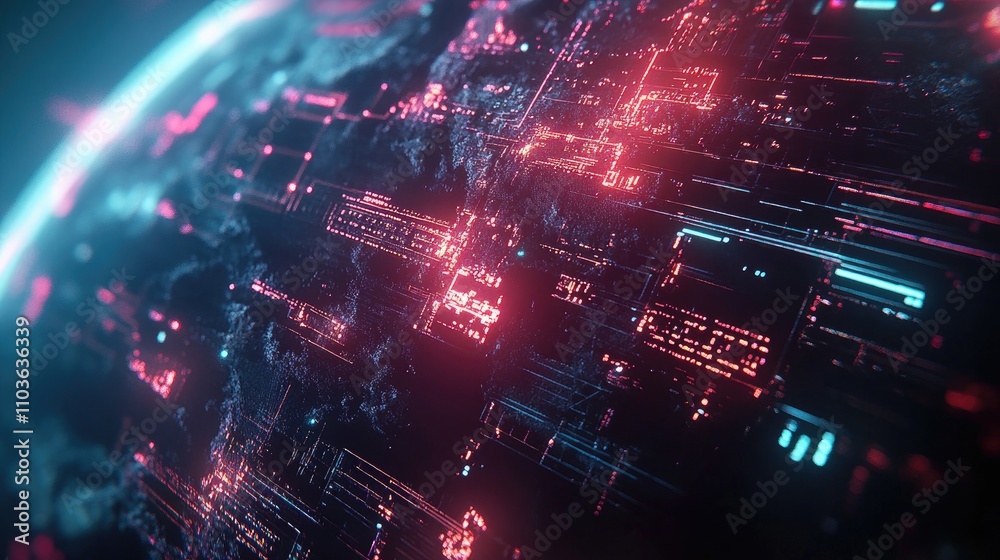Fototapeta premium A cybernetic representation of Earth, with glowing data pathways spreading across continents; dark tech theme, teal and magenta highlights, ultra-detailed