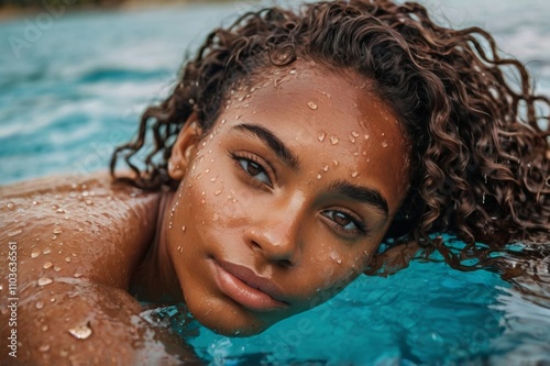 young black woman with curly hair and brown eyes swimming in sea at tropical island photo