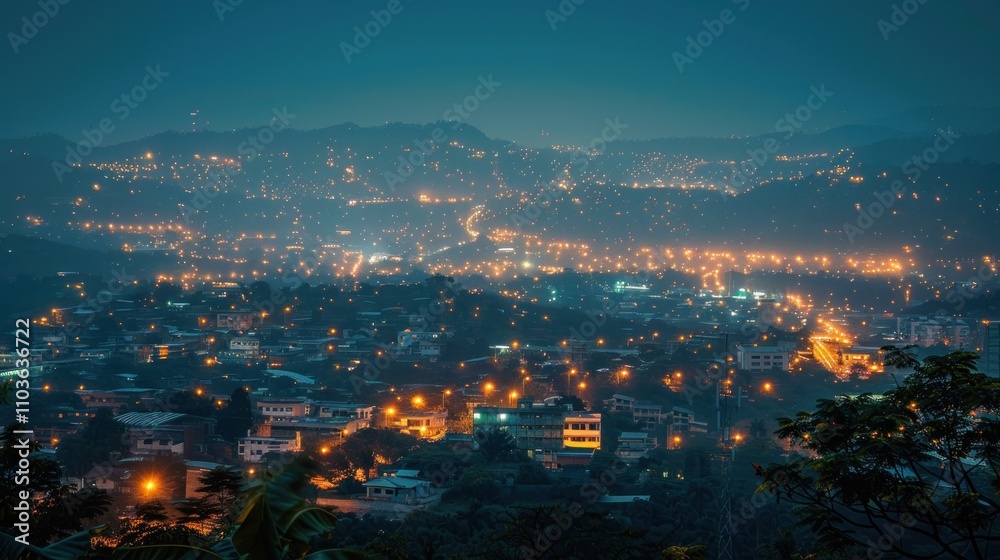 Obraz premium A serene night view of a city illuminated by streetlights and distant hills.
