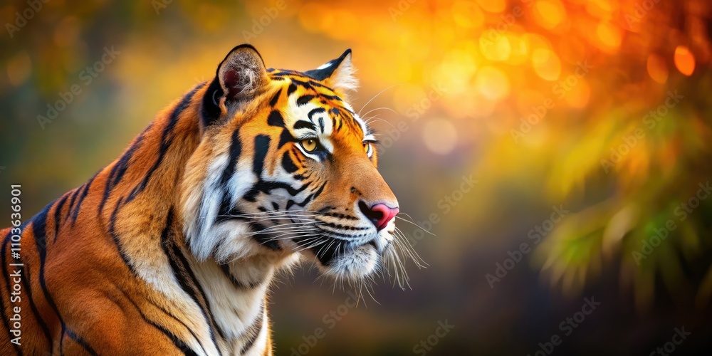 Fototapeta premium Stunning Bengal Tiger Profile Portrait with Majestic Features and Striking Colors for Wildlife Enthusiasts, Nature Lovers, and Animal Conservation Projects