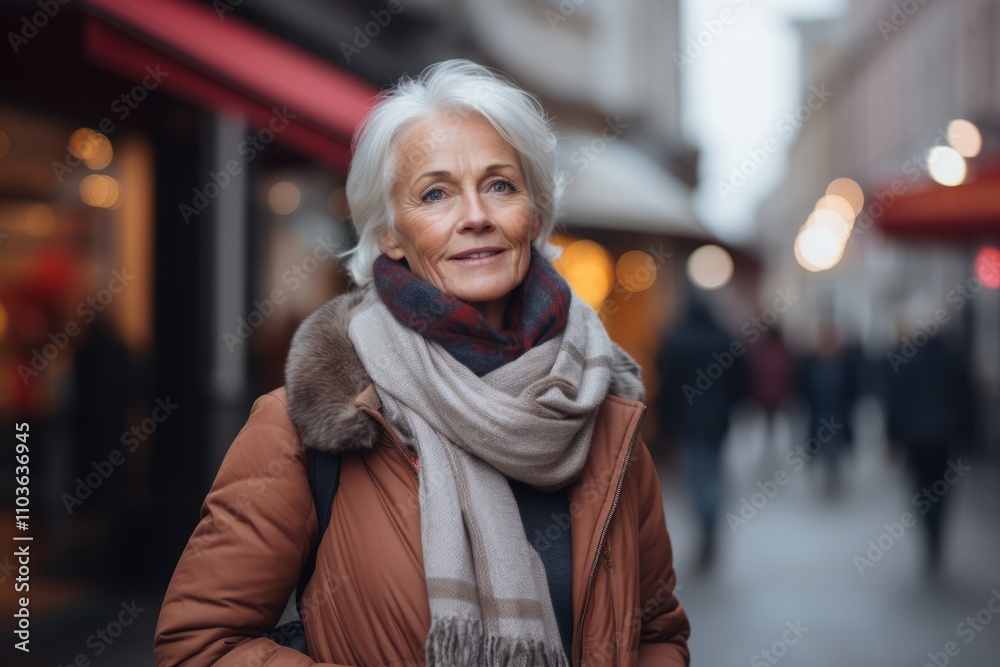 Portrait of smiling senior woman in scarf and coat walking in city Portrait of smiling senior woman in scarf and coat walking in city