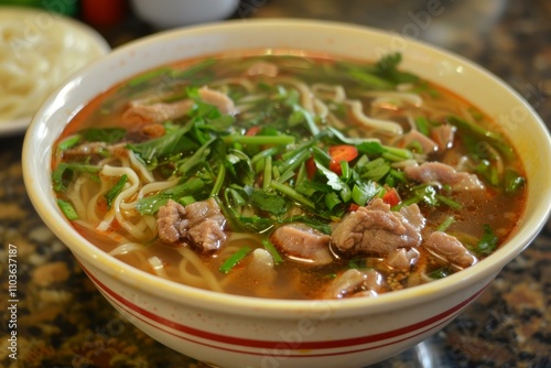 Steaming hot bowl of duck noodle soup garnished with fresh herbs