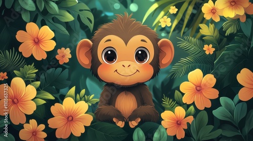 Logo design showcasing a playful monkey character with a cheeky smile, surrounded by colorful jungle elements and playful vines. The cute style and bright colors create an engaging atmosphere, 