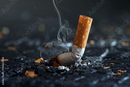 Smoldering cigarette butt resting on burned surface symbolizing smoking hazards photo