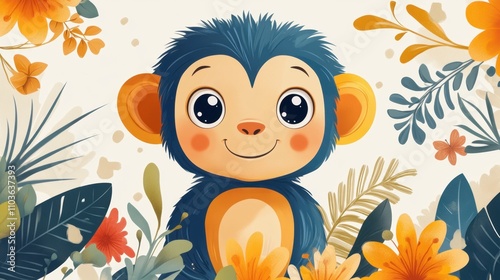 Logo design showcasing a playful monkey character with a cheeky smile, surrounded by colorful jungle elements and playful vines. The cute style and bright colors create an engaging atmosphere, 