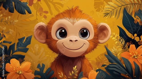 Logo design showcasing a playful monkey character with a cheeky smile, surrounded by colorful jungle elements and playful vines. The cute style and bright colors create an engaging atmosphere, 