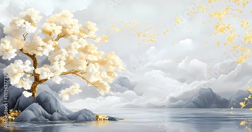 3D luxury wallpaper with a golden tree, white and yellow flowers on a gray background, gold leaf texture, watercolor,