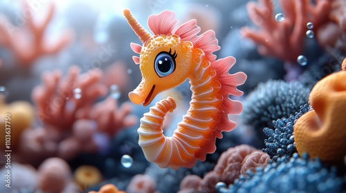 Logo design showcasing a playful seahorse character with bright colors, surrounded by colorful corals and cheerful bubbles. The cute style and vibrant colors create a delightful atmosphere, 
