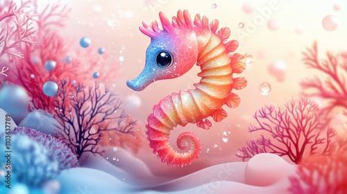 Logo design showcasing a playful seahorse character with bright colors, surrounded by colorful corals and cheerful bubbles. The cute style and vibrant colors create a delightful atmosphere, 