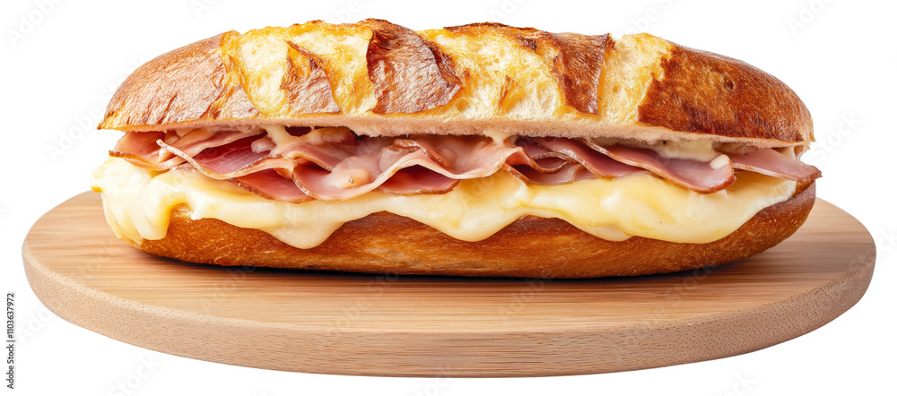 Savory ham and cheese sandwich on a wooden board isolated on transparent background. Savory ham and cheese sandwich on a wooden board isolated on transparent background.