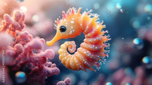 Logo design showcasing a playful seahorse character with bright colors, surrounded by colorful corals and cheerful bubbles. The cute style and vibrant colors create a delightful atmosphere, 