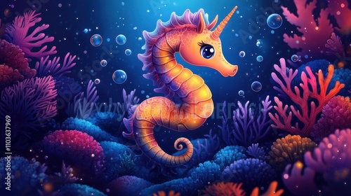 Logo design showcasing a playful seahorse character with bright colors, surrounded by colorful corals and cheerful bubbles. The cute style and vibrant colors create a delightful atmosphere, 