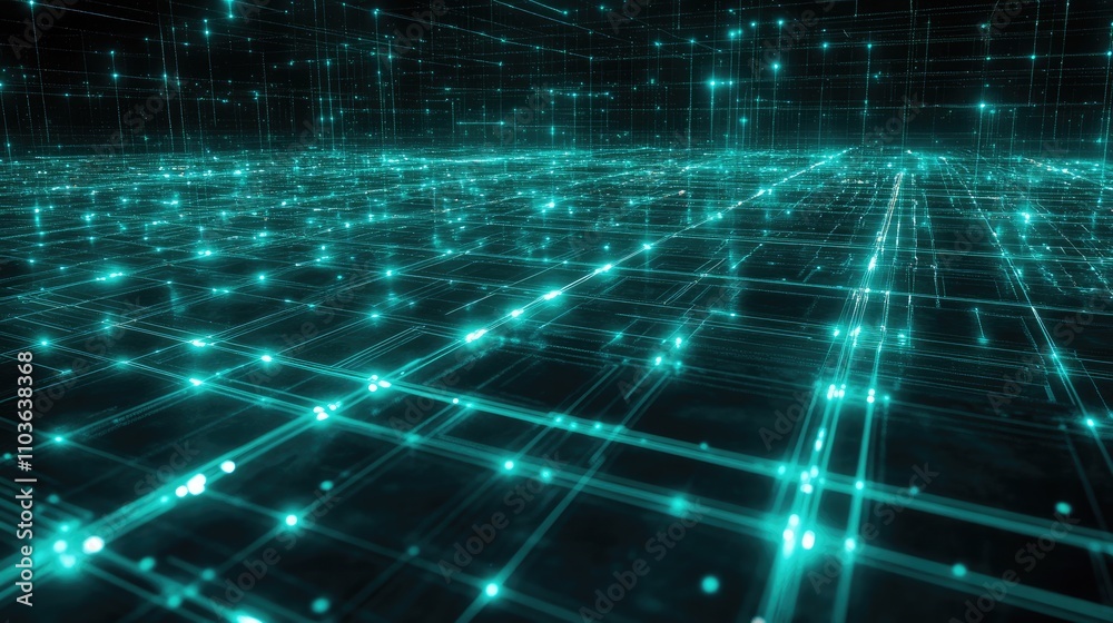 A digital world map with glowing node connections over a grid background; minimalist design, sci-fi aesthetic, bright cyan highlights