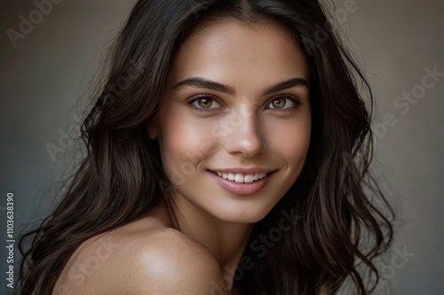 young smiling attractive brunette woman with bare shoulders