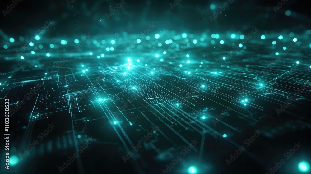 Fototapeta premium A digital world map with glowing node connections over a grid background; minimalist design, sci-fi aesthetic, bright cyan highlights