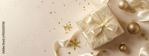 A beautifully wrapped Christmas present with gold ribbon and ornaments. The setting is festive, with a snowflake decoration and golden baubles enhancing the holiday spirit