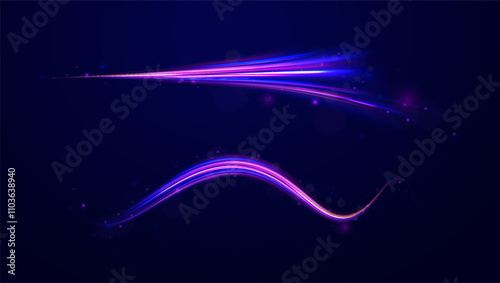 Creative vector illustration of flying cosmic meteor, planetoid, comet, fireball isolated on transparent background. Effect, png, wave,neon,line. Light arc in neon colors, in the form of a turn. 