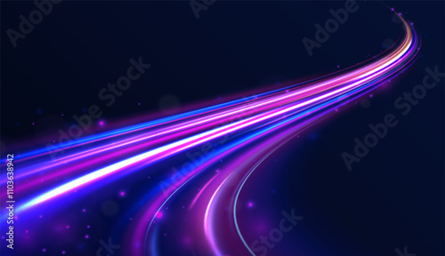 Creative vector illustration of flying cosmic meteor, planetoid, comet, fireball isolated on transparent background. Effect, png, wave,neon,line. Light arc in neon colors, in the form of a turn. 