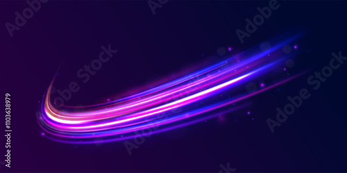 Creative vector illustration of flying cosmic meteor, planetoid, comet, fireball isolated on transparent background. Effect, png, wave,neon,line. Light arc in neon colors, in the form of a turn. 