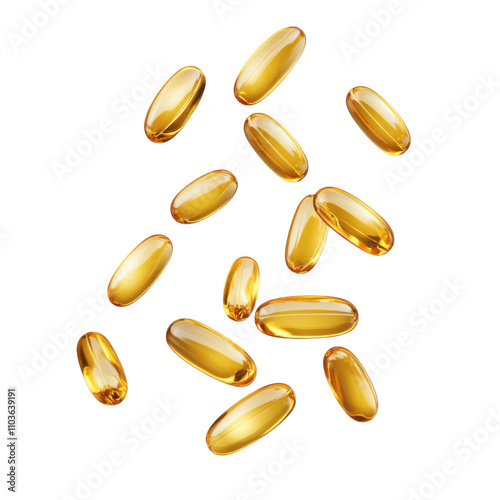 omega-3 fish oil pills isolated on transparent background, floating fatty acids softgel capsules supplement