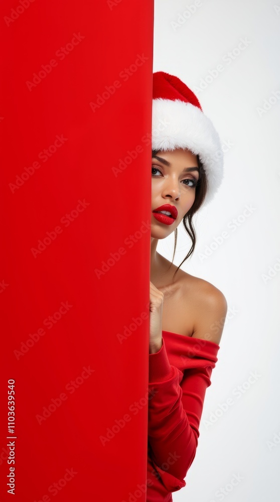 Festive Elegance: Woman in Santa Hat Peeking Behind a Red Panel Festive Elegance: Woman in Santa Hat Peeking Behind a Red Panel