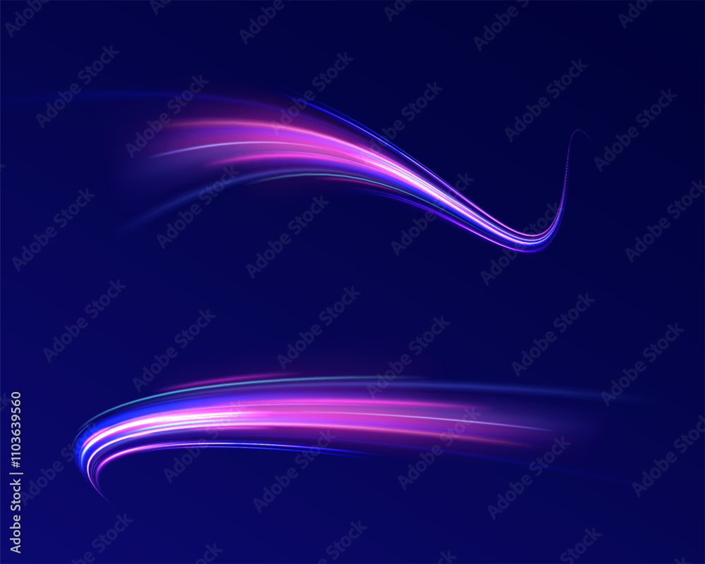 Obraz premium Horizontal speed lines connection vector background. Futuristic dynamic motion technology blue glowing lines air flow effect. Racing cars dynamic flash effects city road with long exposure. 