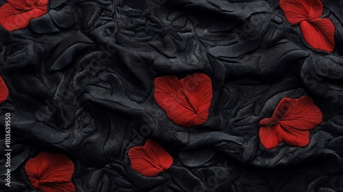 Abstract pattern with red petal-like shapes on a textured dark background resembling folded fabric or organic layers photo