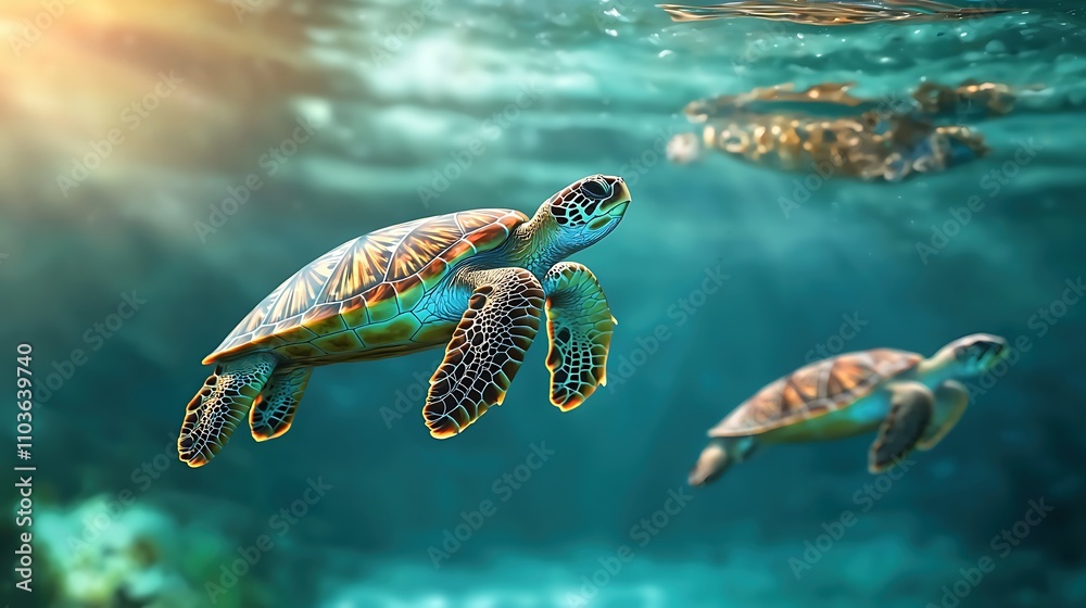 Fototapeta premium Graceful Turtles Swimming in Clear Blue Ocean Water