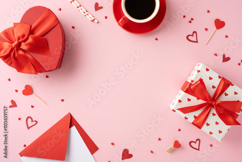 Top view of valentines day gifts wrapped with red ribbons and hearts, accompanied by a coffee cup on a pink background