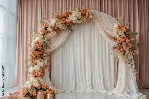 White backdrop drapes with rose gold wedding decor