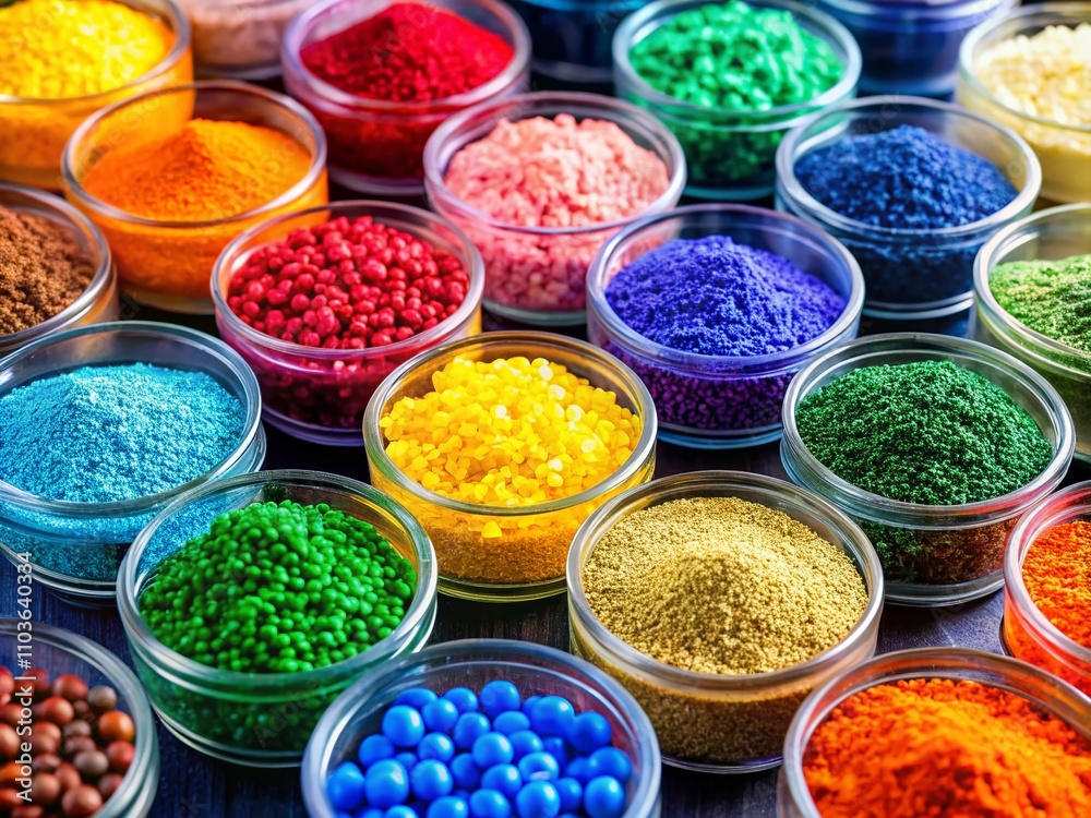 High-Resolution Conceptual Photography of Polymeric Dye Granules, Showcasing Vibrant Colorants Used in Plastics for Various Applications in Manufacturing and Design High-Resolution Conceptual Photography of Polymeric Dye Granules, Showcasing Vibrant Colorants Used in Plastics for Various Applications in Manufacturing and Design
