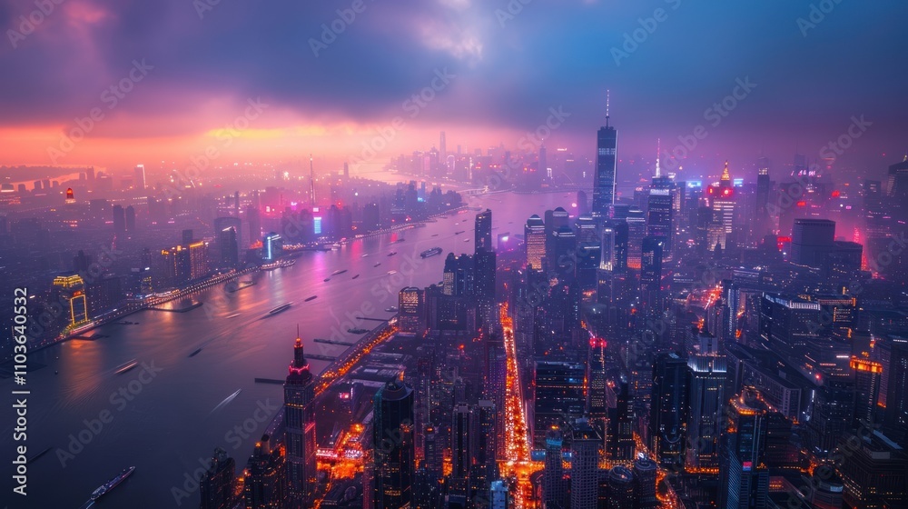 Naklejka premium A vibrant city skyline at dusk, showcasing illuminated buildings along a river.
