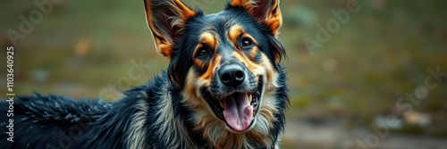 A close-up photo shows a German Shepherd dog with a predominantly black and tan coat